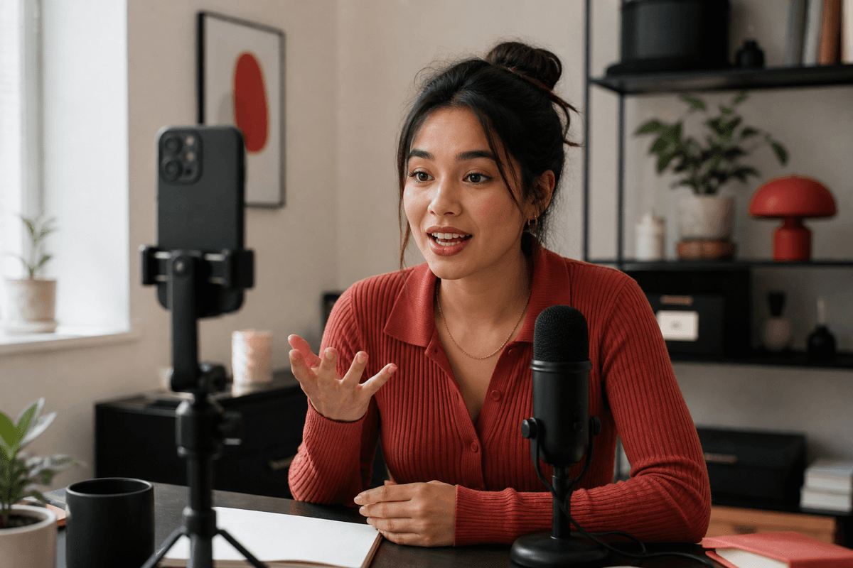 Creator speaking to a phone camera in a warm home studio