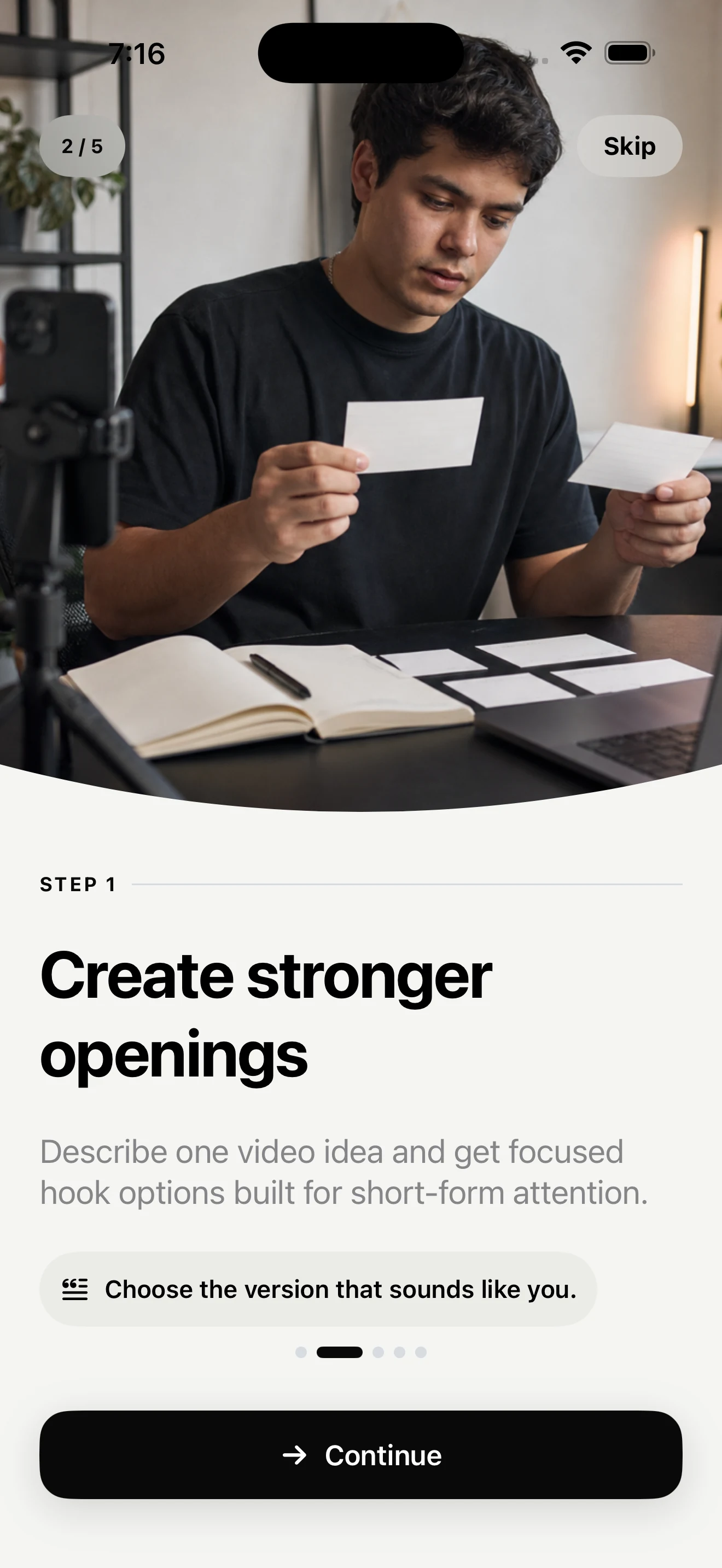 Telezi AI onboarding screen for creating stronger openings